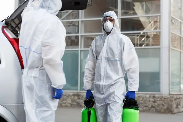 Two people in protective suits and masks, holding green chemical tanks, stand near an open car trunk in front of a modern glass building. The scene appears serious.