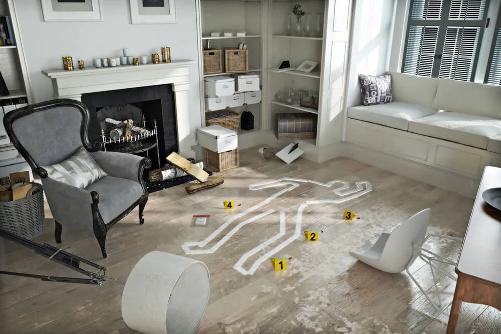 Room with a tape outline of a body on the floor, suggesting a crime scene. Disorganized furniture, scattered objects, and numbered evidence markers add intrigue.